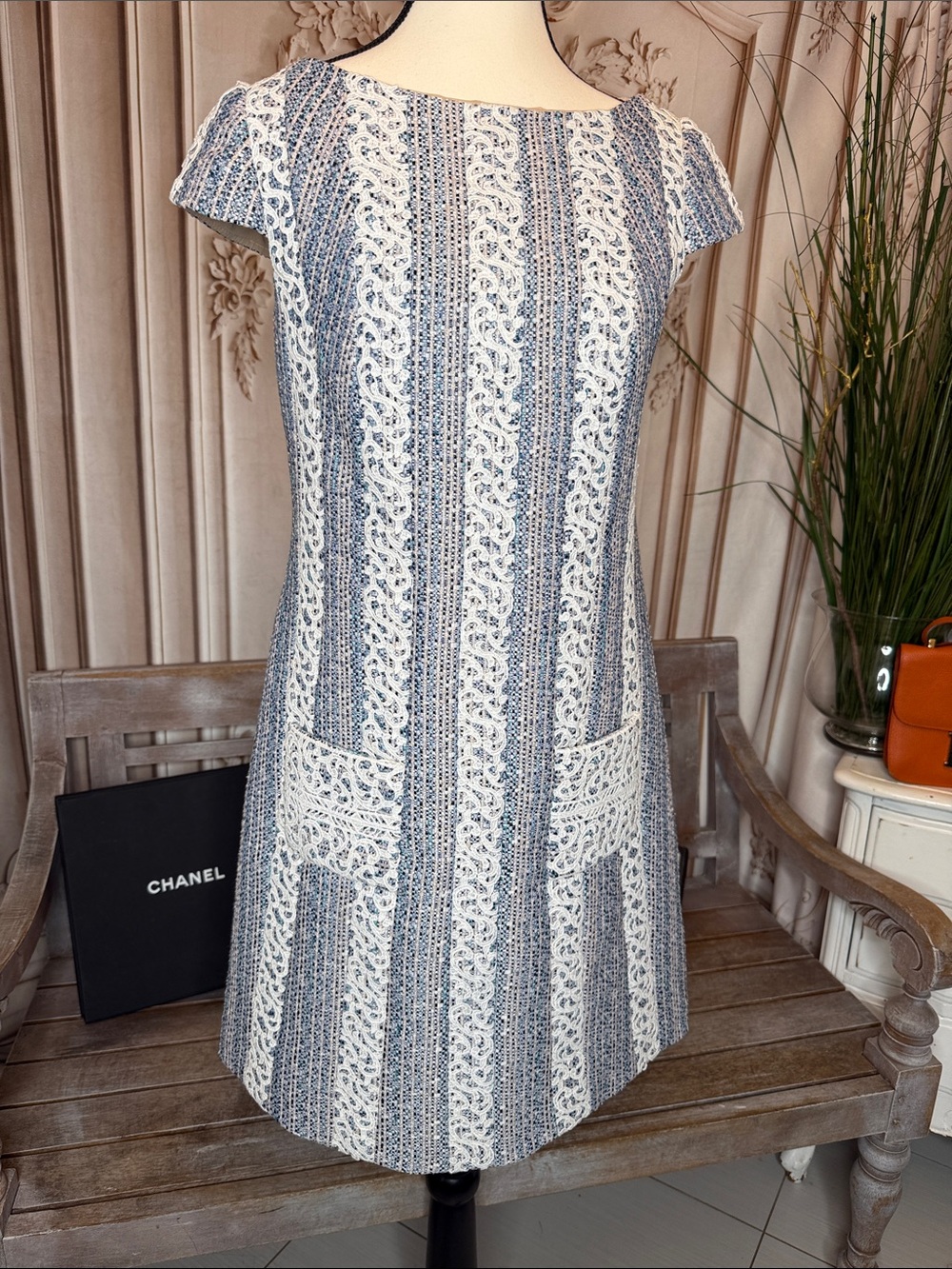 TONY WARD Blue & White Lace-Trim Mini Dress